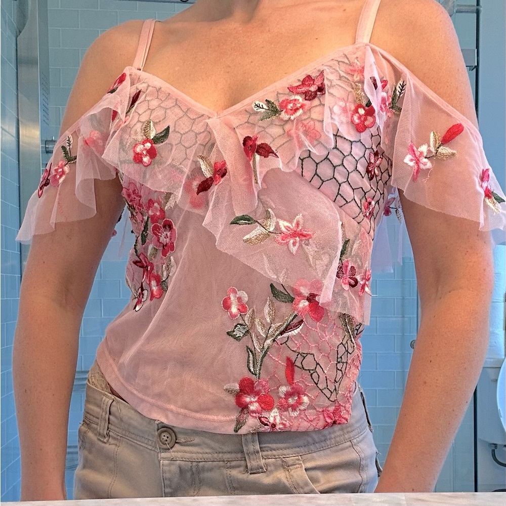 GUESS Sheer Pink Off the Shoulder Crop Top with Floral Embellishment